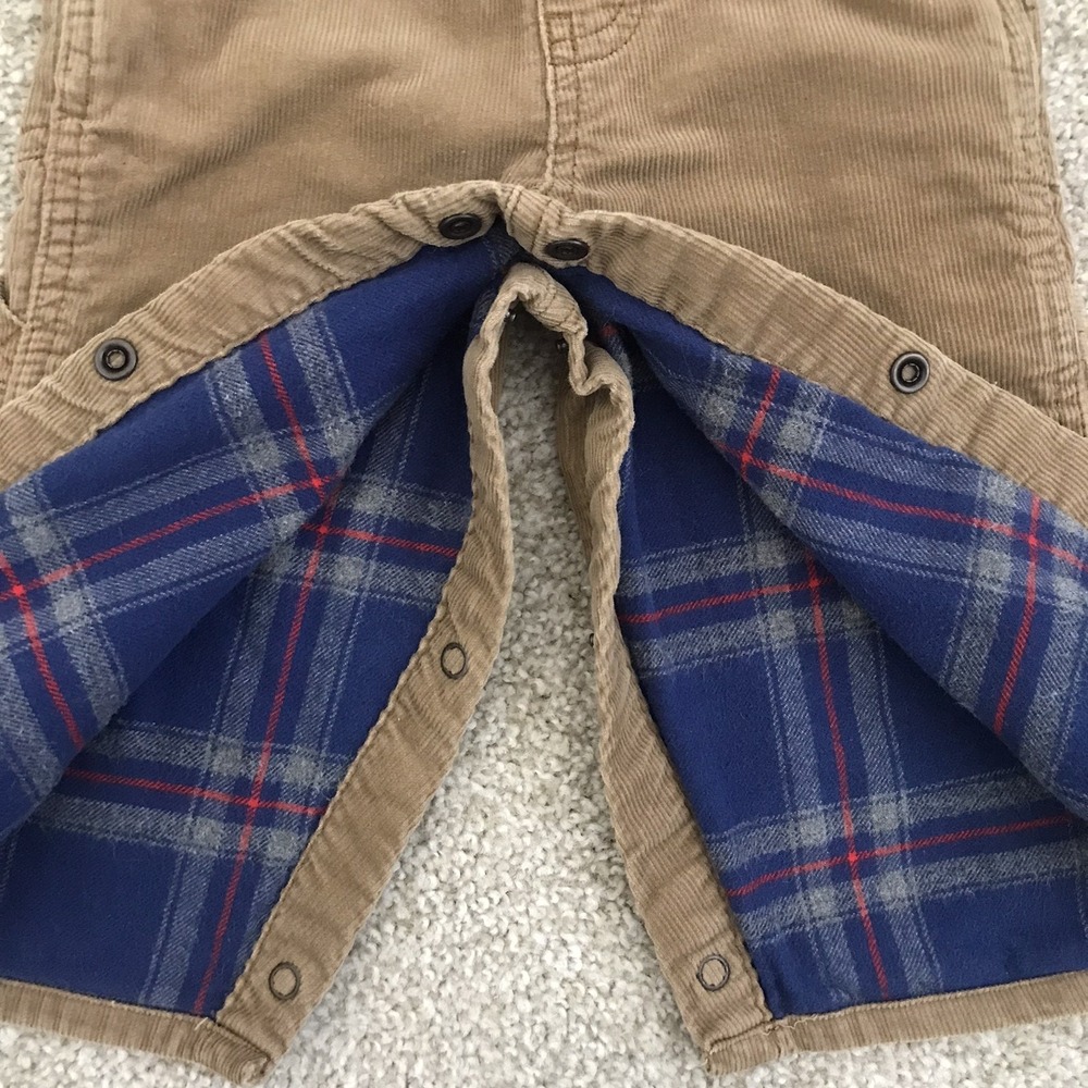 Oshkosh B'gosh Corduroy Vestbak Bib Overalls Flannel Lined Baby 9M Tan Snap Legs - Picture 8 of 10
